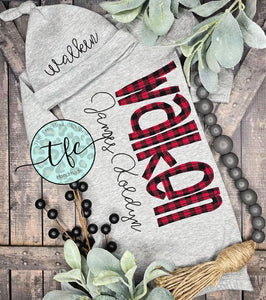 {Buffalo Plaid + Gray} baby name gown and hat