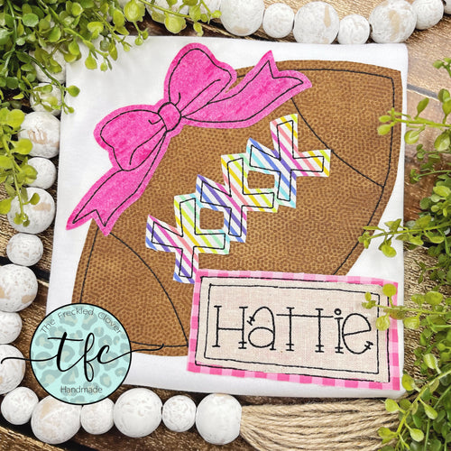 {Football w/Bow + Name Plate} applique tee