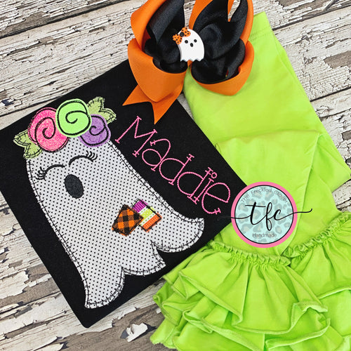 {Too Cute To Spook} ghost applique tee