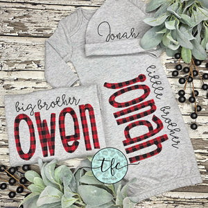 {Buffalo Plaid + Gray} baby name gown and hat